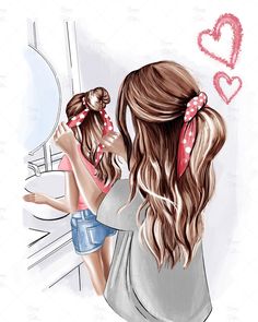 a drawing of a girl looking in the mirror with her hair pulled back and wearing a pink bow