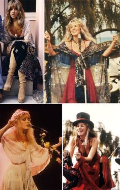 four different pictures of women in dresses and hats, one with long hair the other wearing boots