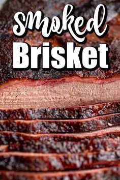 smoked brisket on a plate with the words smoked brisket overlaying it