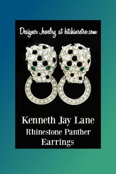 Cat lovers will appreciate these blinged up kitties. Kenneth Jay Lane and Avon teamed up to produce fabulous pave set panther rhinestone earrings with piercing emerald green eyes. Designer statement jewelry at it's best.

Available for Sale at BitchinRetro.com Panther Earrings, Emerald Green Eyes, 1970's Fashion, Figural Jewelry, 1980's Fashion, Avon Jewelry, Door Knockers, Cat Earrings