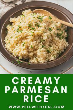 creamy parmesan rice in a brown bowl with a wooden spoon on the side