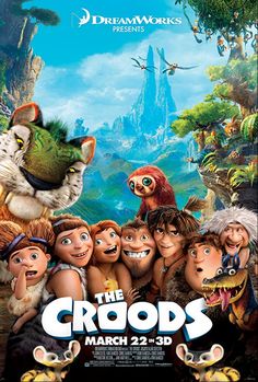 the croods movie poster with many different characters in front of an animal background