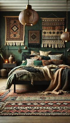 a bedroom with green walls and rugs on the floor, two lamps hanging above the bed