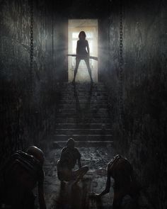 a woman standing on top of a set of stairs next to two dead animals in the dark