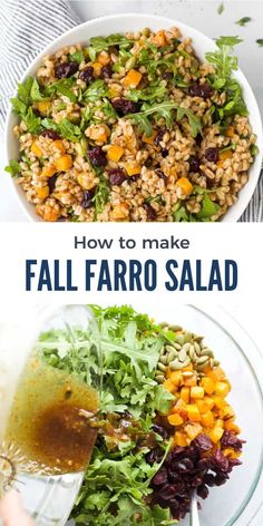 two pictures showing how to make fall farro salad