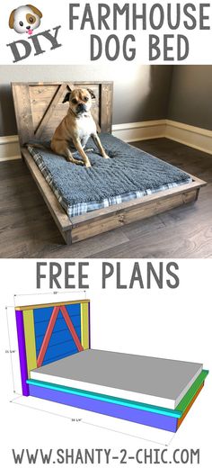 a dog bed made out of wood with the words diy farmhouse dog bed free plans