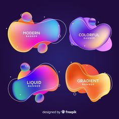 four abstract liquid banners with different colors and shapes on the dark background, including blue, pink