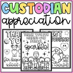 three coloring pages with the words custoian appreciation