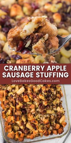 cranberry apple sausage stuffing in a casserole dish