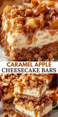 caramel apple cheesecake bars stacked on top of each other