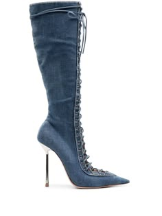 blue cotton denim metal eyelet detailing pointed toe front lace-up fastening side zip fastening branded footbed 120mm high stiletto heel knee-length Tacky Fashion, Shoes List, Denim Attire, Chloe 2024, Dope Clothes, Denim Heels, Funky Shoes, Chill Photos, Denim Boots