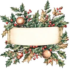 a watercolor painting of holly and berries with a blank banner on the bottom right corner