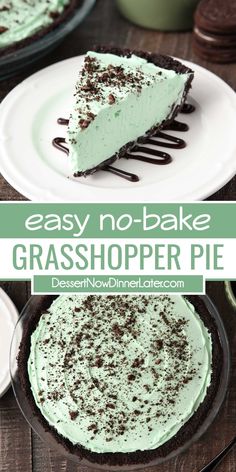 an easy no bake grasshopper pie is ready to be eaten and served for dessert