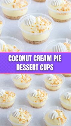 coconut cream pie dessert cups on a baking sheet with text overlay that reads, coconut cream pie dessert cups