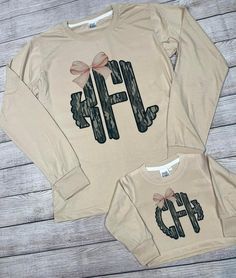 In the Personalization Box Please Put: Your First Initial, Last Initial & Middle Initial in this order Cotton Monogram Print Top For Fall, Sweet Sixteen, Camouflage, Long Sleeve T Shirt, Camo, Gender Neutral, Long Sleeve Tshirt, Art Collection, Bathing Beauties