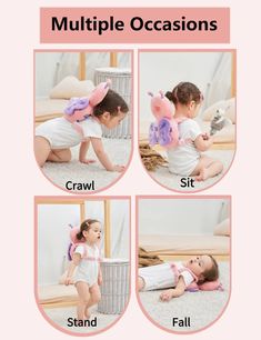 four pictures showing how to use multiple occasionss for babies and toddlers, including crawling on the floor