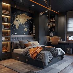 a bedroom with a map on the wall next to a bed and desk in front of it