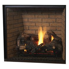 a fire burning in a brick fireplace with flames