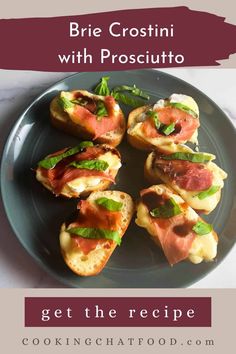 This Brie Crostini is an easy and savory appetizer with brie melted on toasted baguette slices along with prosciutto and roasted garlic. Delicious with a good sparkling wine!