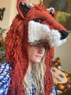 Hand made crochet fox hat. Made with acrylic yarn. Adult sizes. Luna Lovegood Lion, Crochet Fox Hat, Lion Hat, Fox Hat, Luna Lovegood, Costume Hats, Acrylic Yarn, Color Combos, Friends In Love