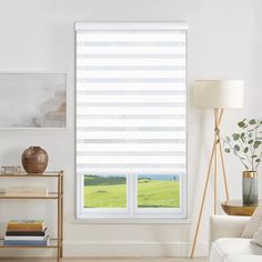 a living room with white walls and windows covered in blinds