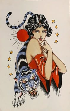 a drawing of a woman with a tiger on her back and stars in the background