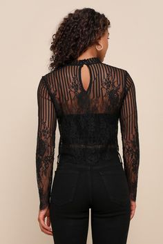 The Lulus Tempt Me Black Sheer Lace Long Sleeve Crop Top is a date night must-have! Sheer eyelash lace, covered in stripes and a floral design, forms a mock neckline, long fitted sleeves, and a darted bodice with a cropped, scalloped hem. This ultra-sultry number is perfect for showing off your favorite bralette or layering under a sexy slip dress! Bralette not included. Fit: This garment fits true to size. Length: Above mid-thigh. Size medium measures 20.25" from shoulder to hem. Bust: Great fo Goth Lace Top, Fitted Sleeves, Fashion Capsule, Lace Long Sleeve, Simple Fashion, Mock Neckline, Long Sleeve Crop, Scalloped Hem, Cup Size