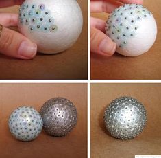 three different pictures of silver and white balls