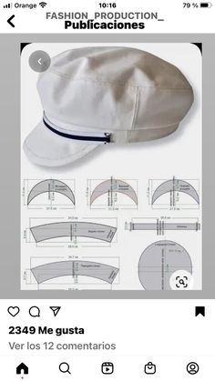 a white hat with measurements and instructions on the front, sitting next to an image of other hats