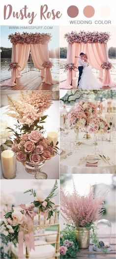 a collage of photos with pink flowers and greenery in vases on the table