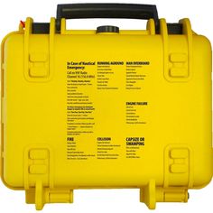 a yellow plastic case with instructions on how to use the handle and latches for carrying items