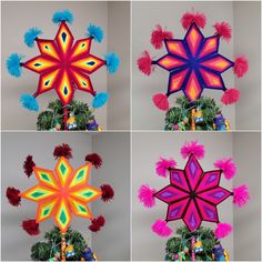 four different types of christmas decorations with pom poms