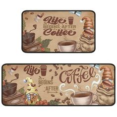 two coffee mats with the words life begins after coffee and an image of cats drinking from cups