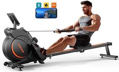 a man is rowing on an exercise bike