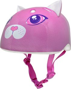 a pink helmet with a cat's face painted on the front and side of it