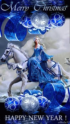 a woman riding on the back of a white horse in front of a blue sky