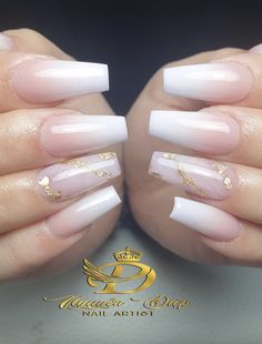 Milk Nails With Gold, Baby Boomer Nails With Design, Baby Boomer Nails Decoradas, Baby Boom Nails, Nail Ideas Gold, Baby Boomer Nails, Pretty Nails Glitter, Almond Acrylic Nails Designs, White Nails With Gold