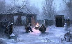 a painting of people sitting around a fire in the snow