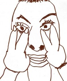 a drawing of a woman holding her hands to her face