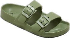 Trendy Lightweight Slides, Comfortable Casual Beach Sandals, Comfortable Green Sandals For Vacation, Comfortable Adjustable Green Sandals, Comfortable Slides With Buckle Closure For Beach, Casual Beach Slides, Green Casual Beach Slides, Casual Lightweight Beach Slides, Comfortable Green Summer Sandals