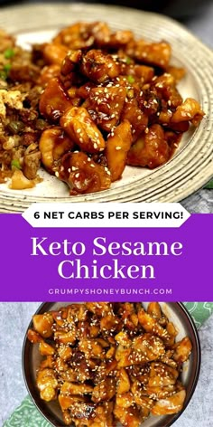 keto sesame chicken on a plate with the words, 6 net carbs per serving