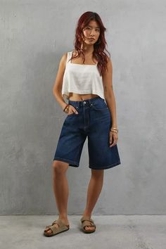 Denim Bermuda Shorts Outfit, Bermuda Shorts Outfit, Bermuda Denim Shorts, Crew Neck Cardigan, Double Denim, Wrap Shirt, Grey Denim, Lightweight Knit, Minimalist Outfit