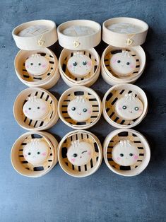 twelve small bowls with cat faces on them