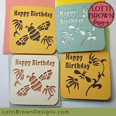 four birthday cards with different designs on them