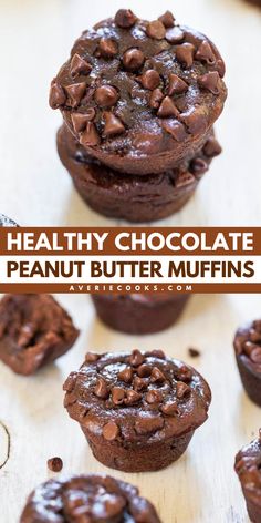 chocolate peanut butter muffins stacked on top of each other with text overlay