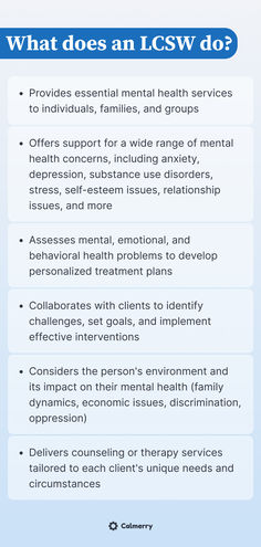 Provide essential mental health services to individuals, families, and groups
Offer support for a wide range of mental health concerns, including anxiety, depression, substance use disorders, severe stress, and relationship issues
Collaborate with clients to identify challenges, set goals, and implement effective interventions
Assess mental, emotional, and behavioral health problems to develop personalized treatment plans
Consider the person's environment and its impact on their mental health Clinical Social Work Interventions, How To Become A Social Worker, Clinical Mental Health Counseling, Social Work License, Future Therapist, Lcsw Exam