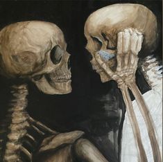 a painting of two skeletons with one holding the other's head in their hands