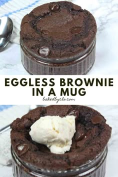 an eggless brownie in a mug with ice cream on top and chocolate cake inside