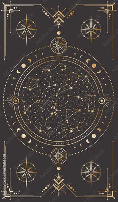 the zodiac sign in gold on a black background with other astrological symbols around it