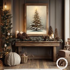 a christmas tree is displayed in front of a fireplace